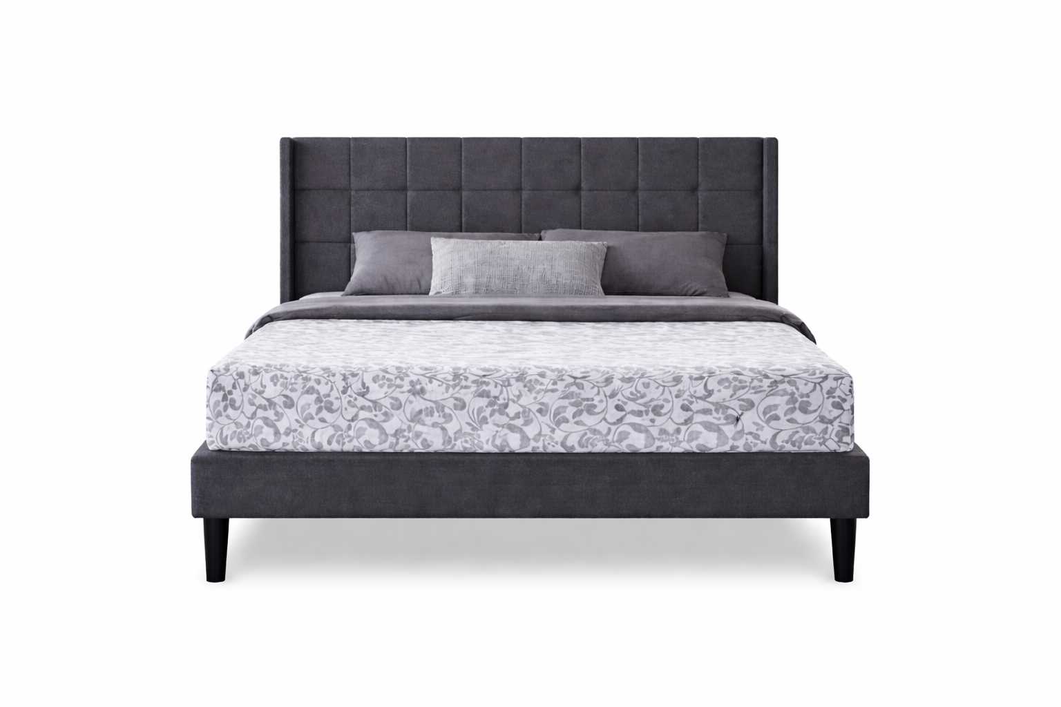 Front view of Aven bed set showing upholstered headboard and base