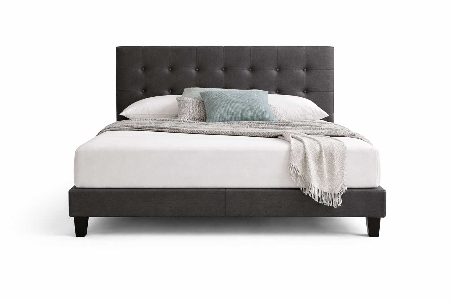 Front angle view of Becher bed set with upholstered headboard and base