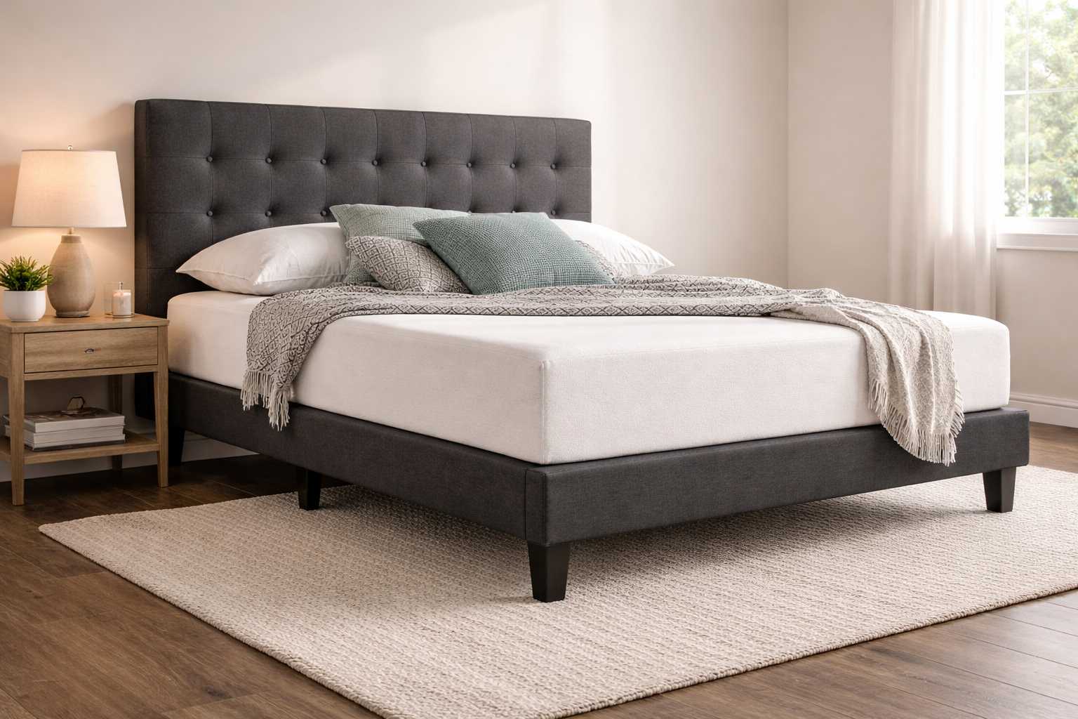 Becher Bed Set with fabric upholstered tufted headboard and modern base
