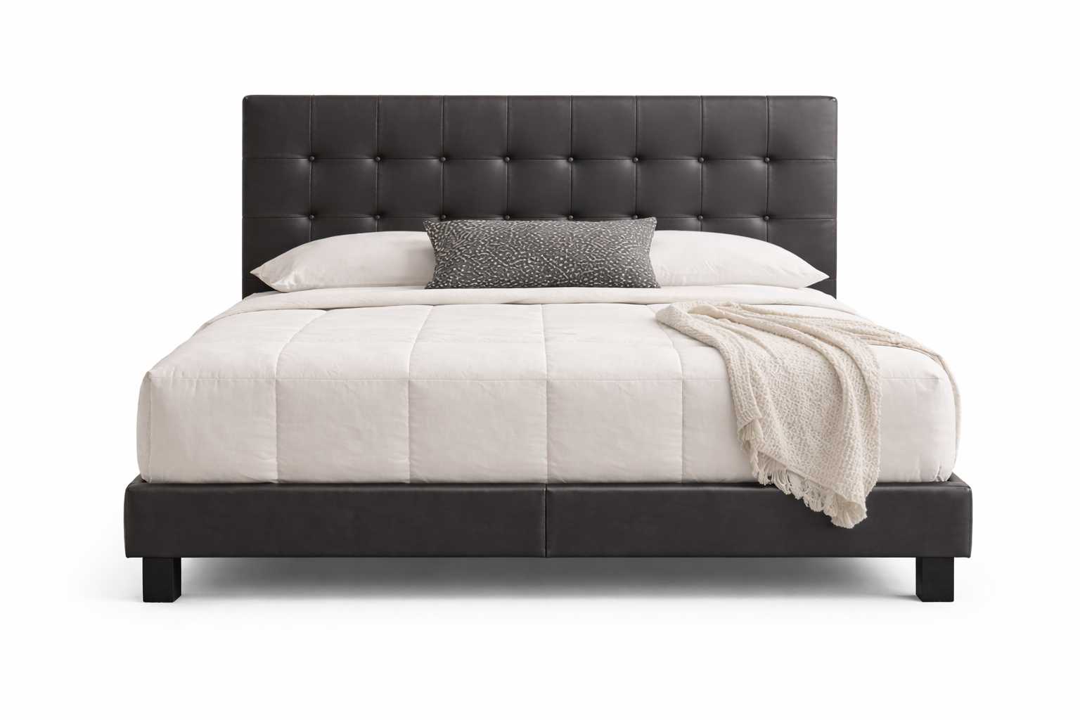 Front view of Bengtson bed set showing padded headboard and leather base