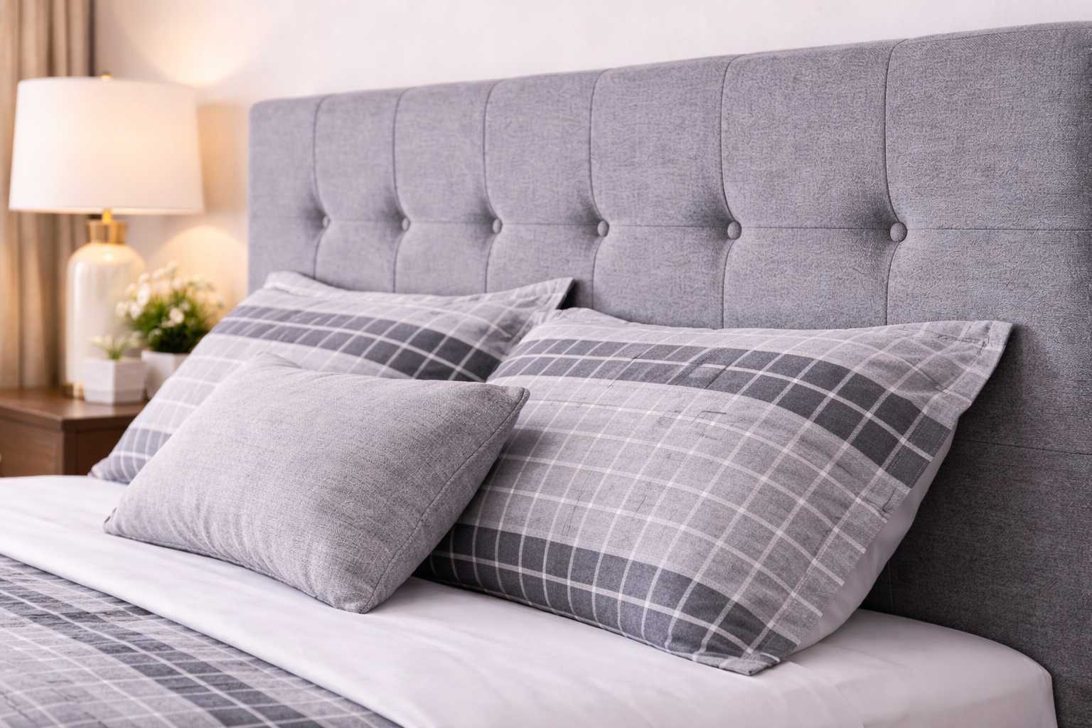 Close-up of Benon Bed Set headboard with button-tufted upholstery and layered cushions