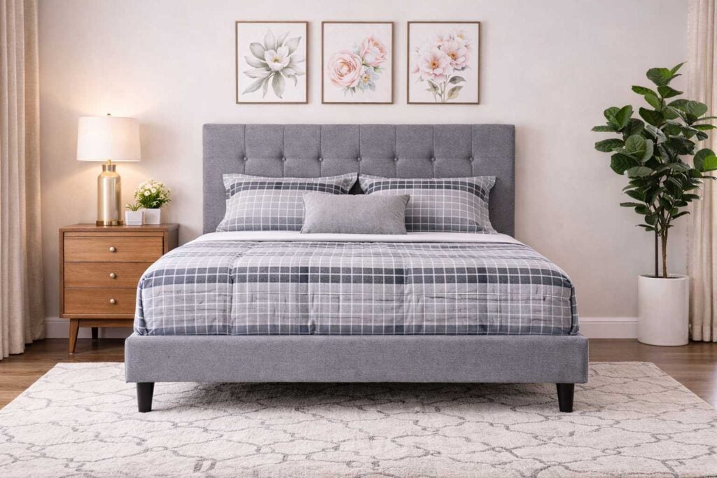 Benon Bed Set by Renome with grey upholstered frame and tufted headboard in a modern bedroom setting
