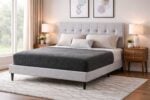 Berg Bed Set in light grey fabric styled in a modern bedroom