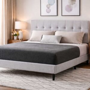 Berg Bed Set in light grey fabric styled in a modern bedroom