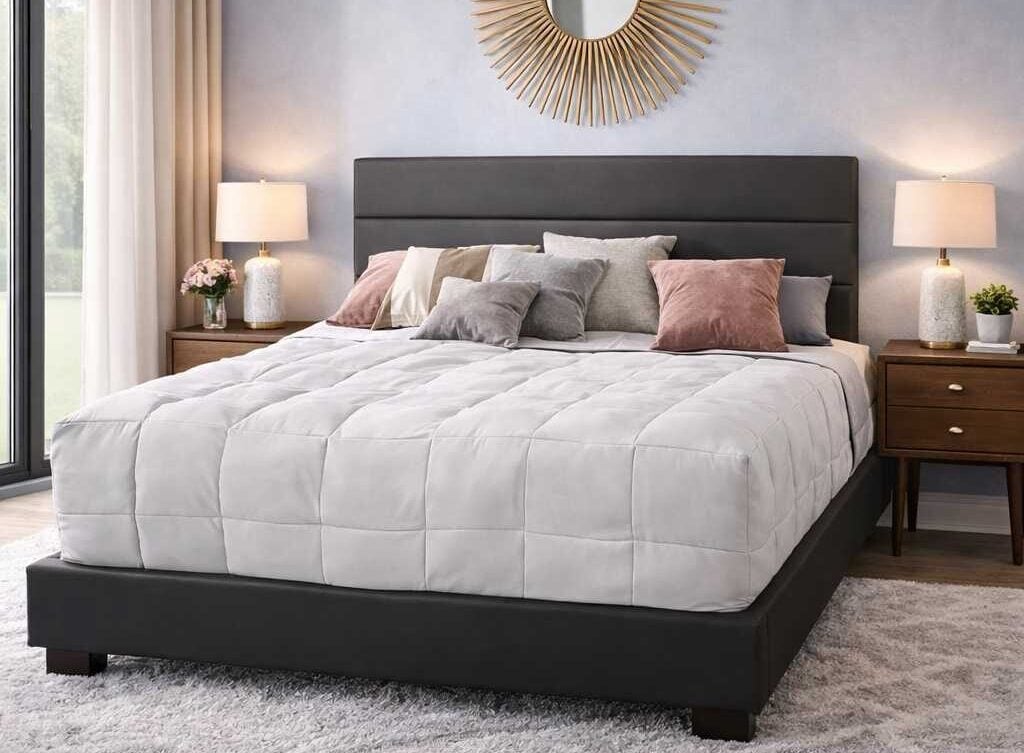 Bernt upholstered bed set with wide panel headboard