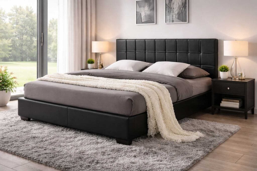 Black upholstered bed with square tufted headboard styled in a modern bedroom