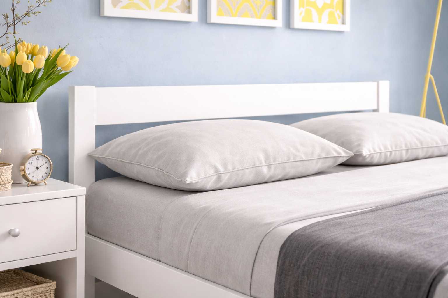 Close-up of Falk bed headboard with smooth white wooden frame and neatly arranged light grey pillows