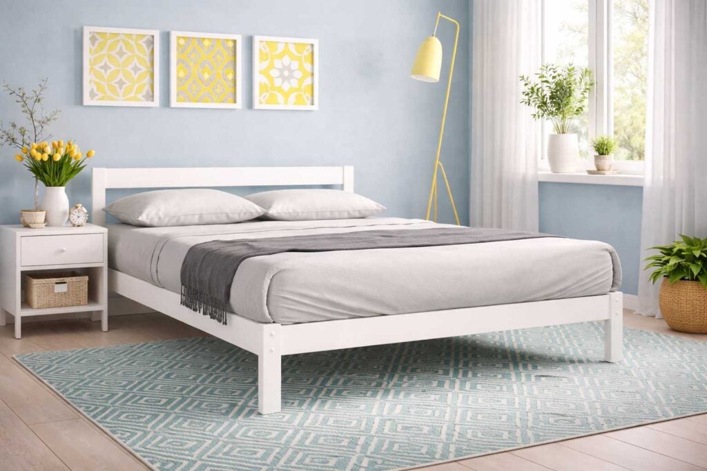 White wooden Falk bed styled in a bright modern bedroom with grey bedding, patterned rug, and soft yellow decor accents