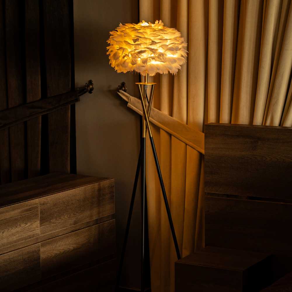 Feather lamp looks in dark and beautiful light effect in room by renome