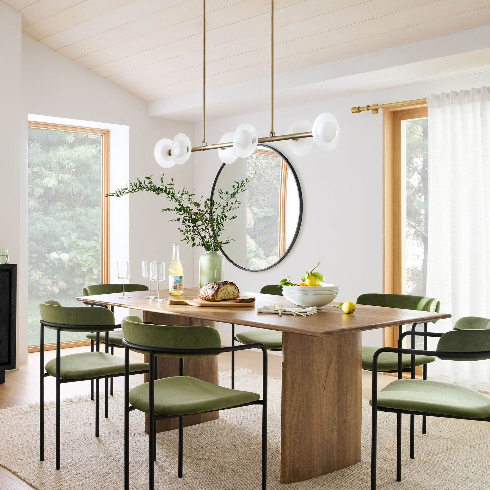 Vintage Style Dinning Table With Olive Green Metal Chairs