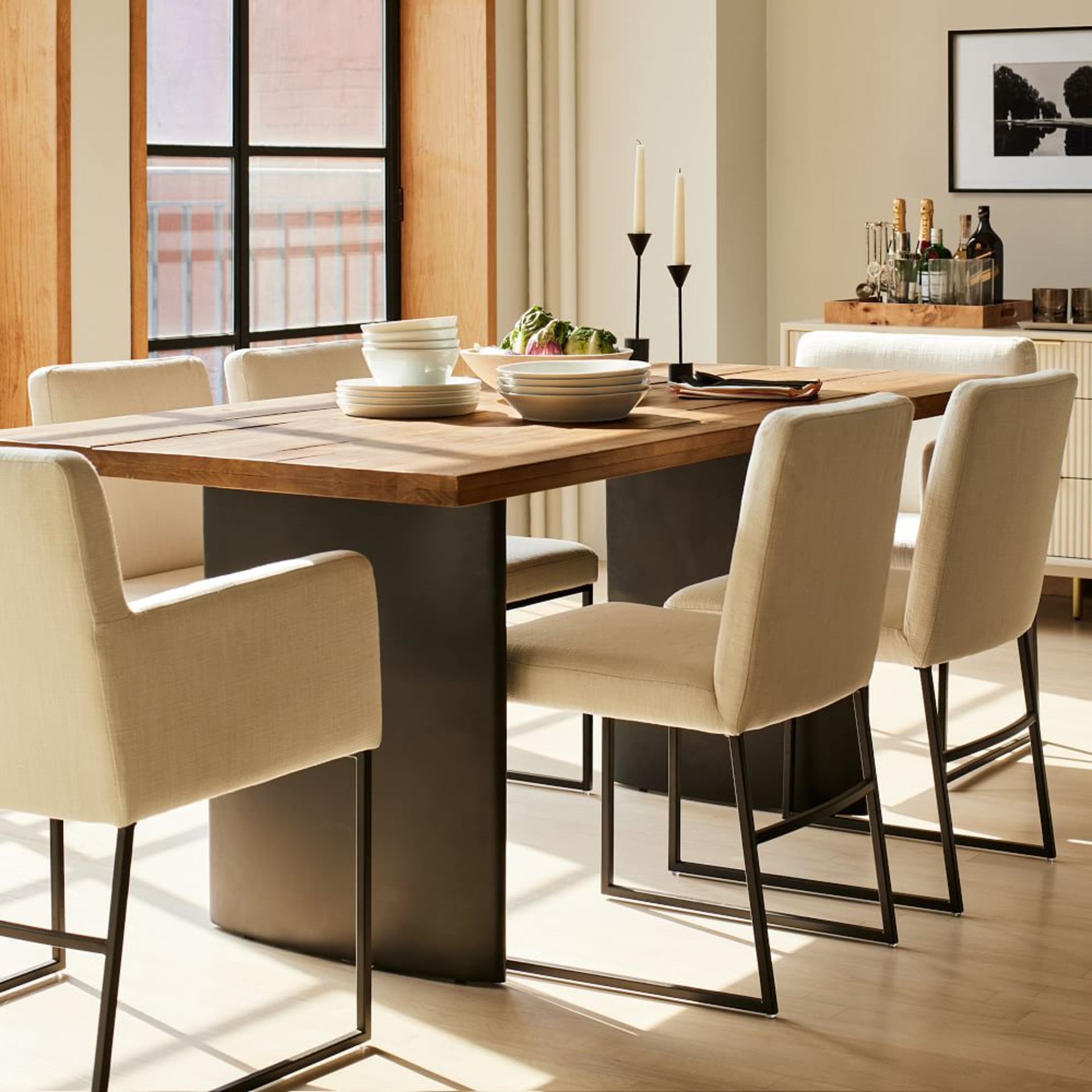 Wood Dinning Table & Upholstered Dinning Chairs Set