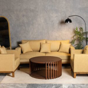 Dravellea sofa set with warm beige upholstery and straight wooden base