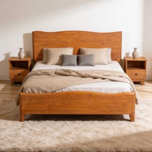 Sofiqra king size pine wood bed set with side tables modern wooden bed Pakistan