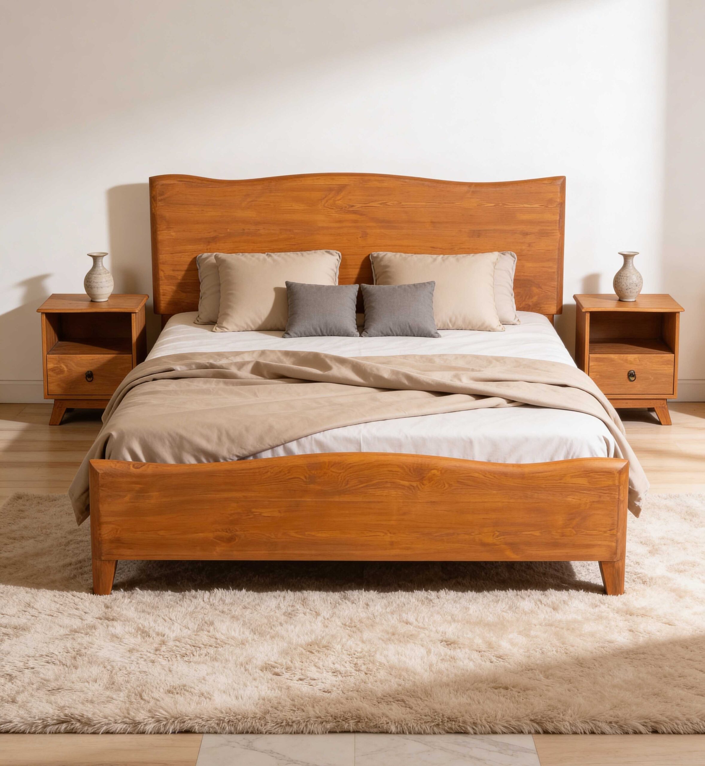 Sofiqra king size pine wood bed set with side tables modern wooden bed Pakistan