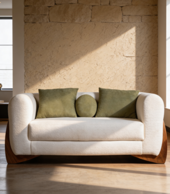 Velmont sofa set with upholstered curved arms and solid wood base design