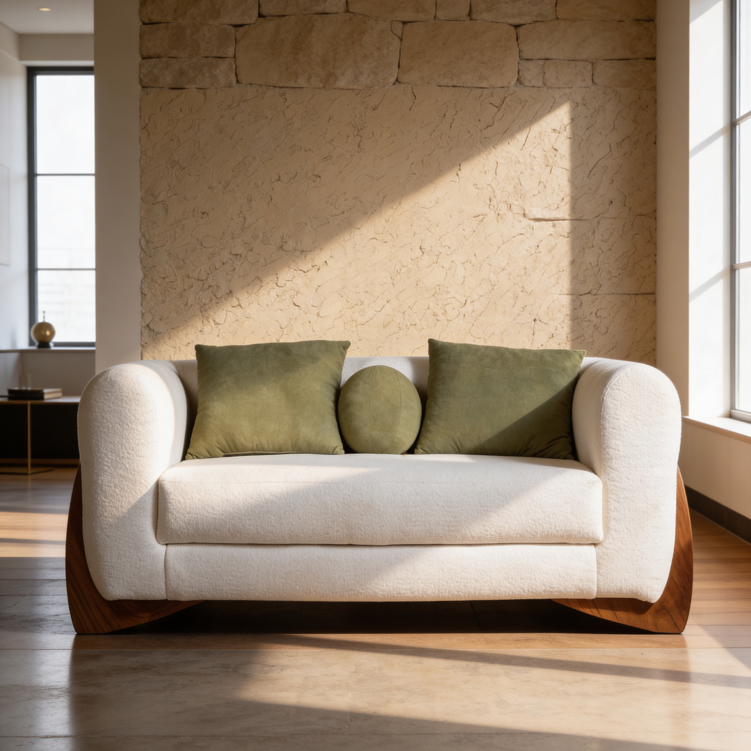 105 Velmont sofa set with upholstered curved arms and solid wood base design