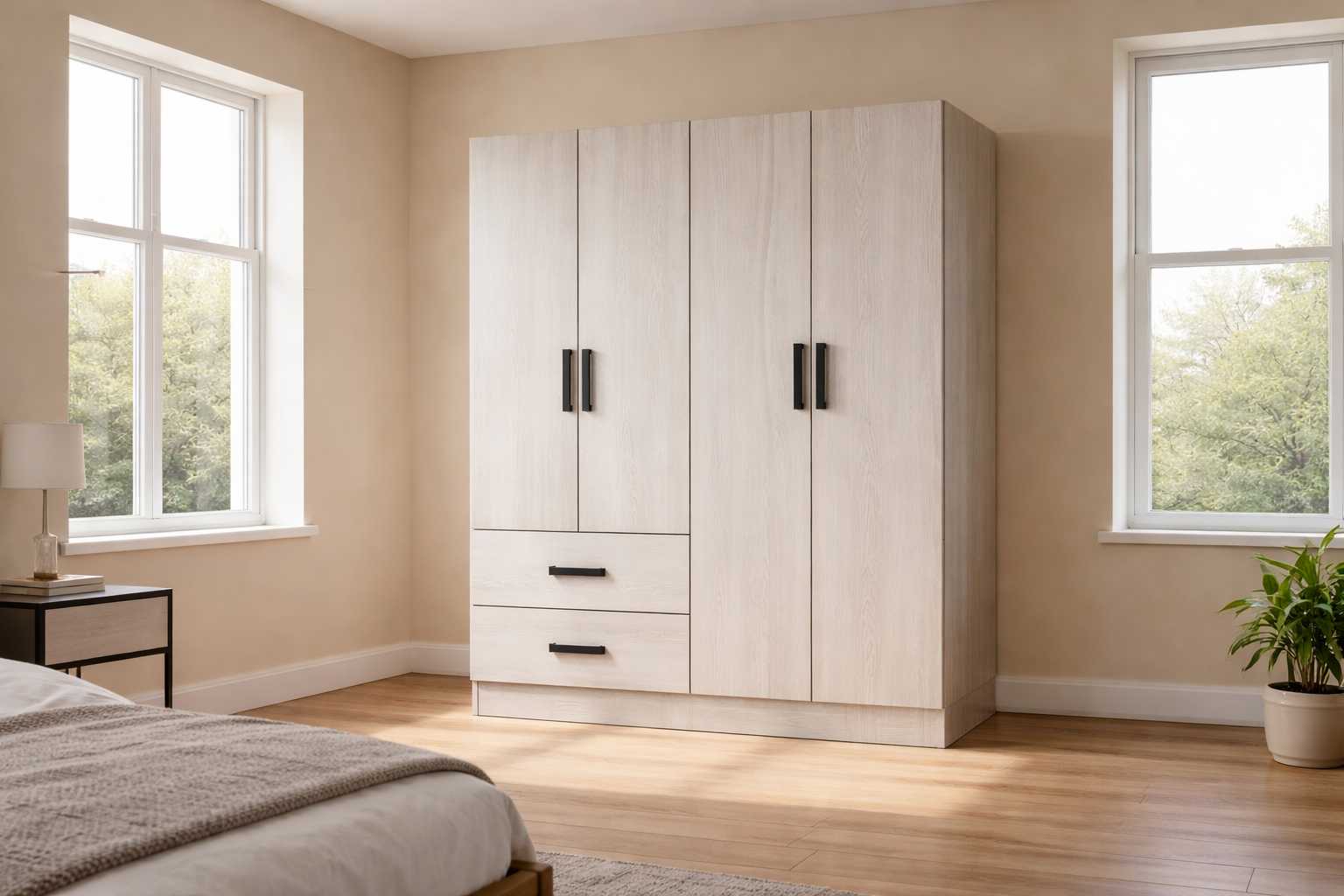 Amberwood wardrobe with light wood finish and built-in drawer storage
