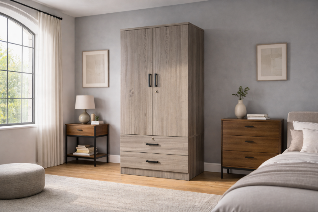 Plinth wardrobe with light wood finish and integrated drawer storage