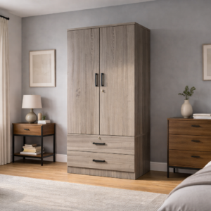 Plinth wardrobe with light wood finish and integrated drawer storage