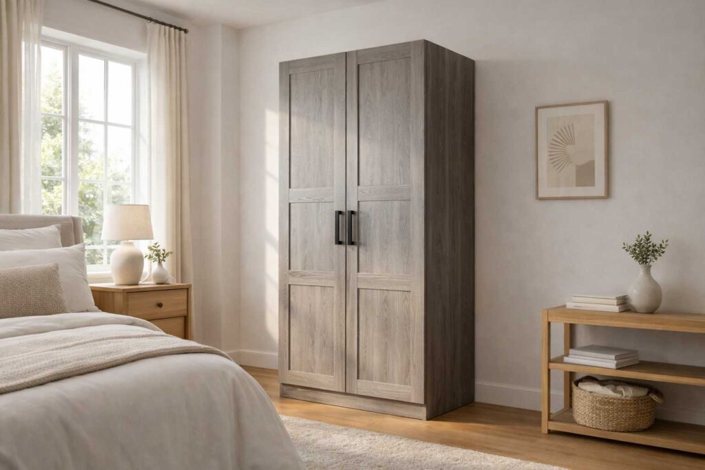 Edgeon wardrobe with light oak finish and clean panel door design