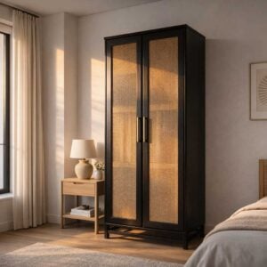 Linea wardrobe with black frame and woven panel doors