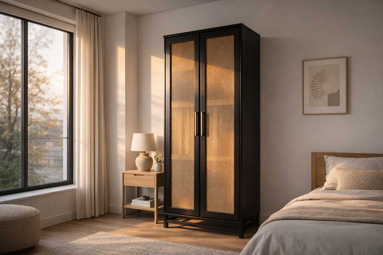 Linea wardrobe with black frame and woven panel doors