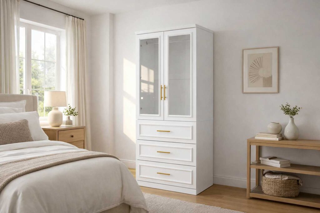 Monoform wardrobe with white finish, glass panel doors, and drawer storage