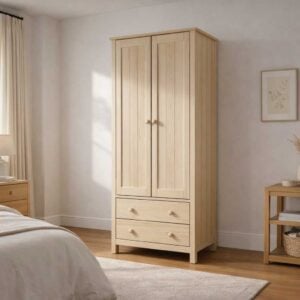 Nexel wardrobe with natural wood finish and paneled doors with drawers