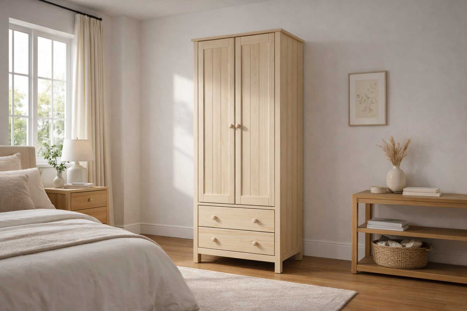 Nexel wardrobe with natural wood finish and paneled doors with drawers