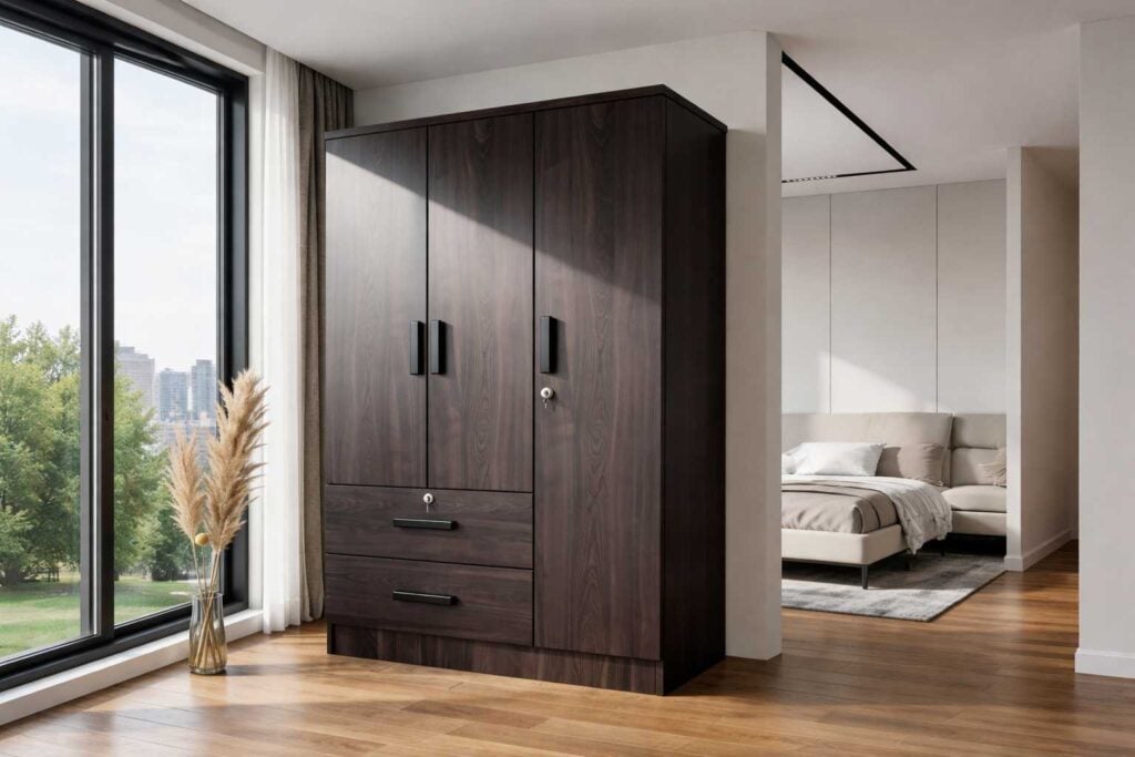 Silva wardrobe with dark wood finish and built-in drawer storage