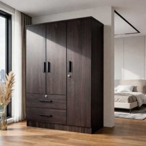 Silva wardrobe with dark wood finish and built-in drawer storage