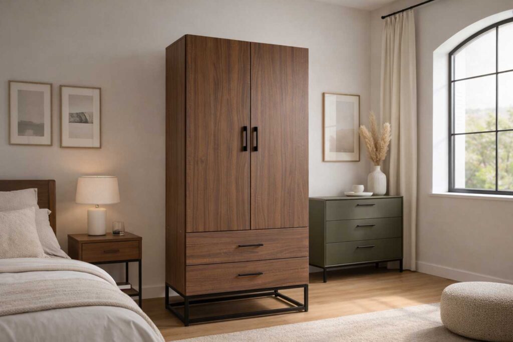 Strato wardrobe with dark wood finish and integrated drawer storage