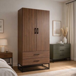 Strato wardrobe with dark wood finish and integrated drawer storage