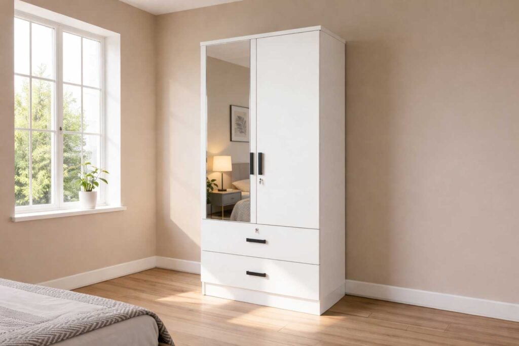 Teakfall wardrobe with white finish, mirrored door, and drawer storage