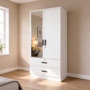 Teakfall wardrobe with white finish, mirrored door, and drawer storage