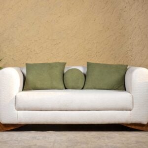 Velmont sofa set with upholstered curved arms and solid wood base design