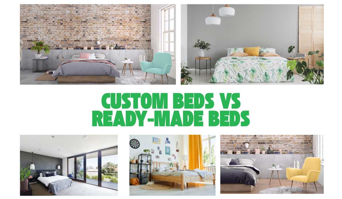 Custom bed vs ready-made bed comparison showing design, storage, and size differences for modern bedrooms