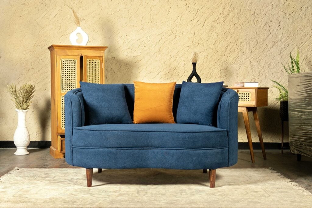 serelith modern blue fabric sofa 2 seater curved design renome furniture pakistan