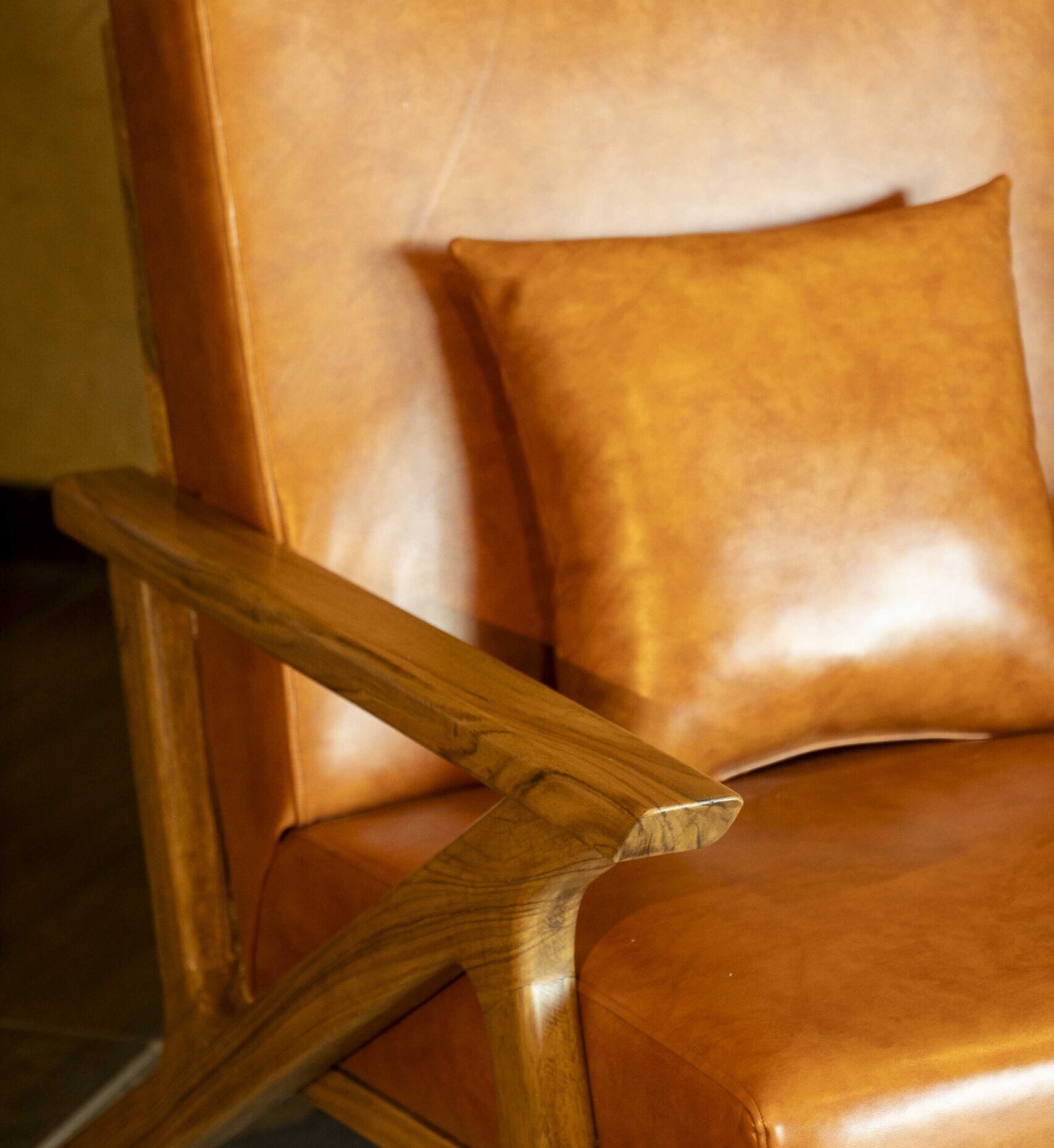 highcompress_DSC_4927 Close-up of brown leather accent chair with wooden armrest and matching cushion in modern interior setting