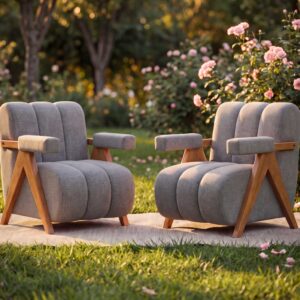 single sofa chair with wooden arms grey fabric outdoor setting