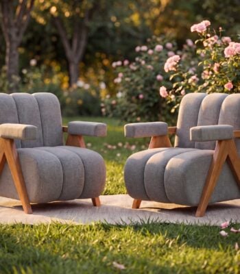 single sofa chair with wooden arms grey fabric outdoor setting