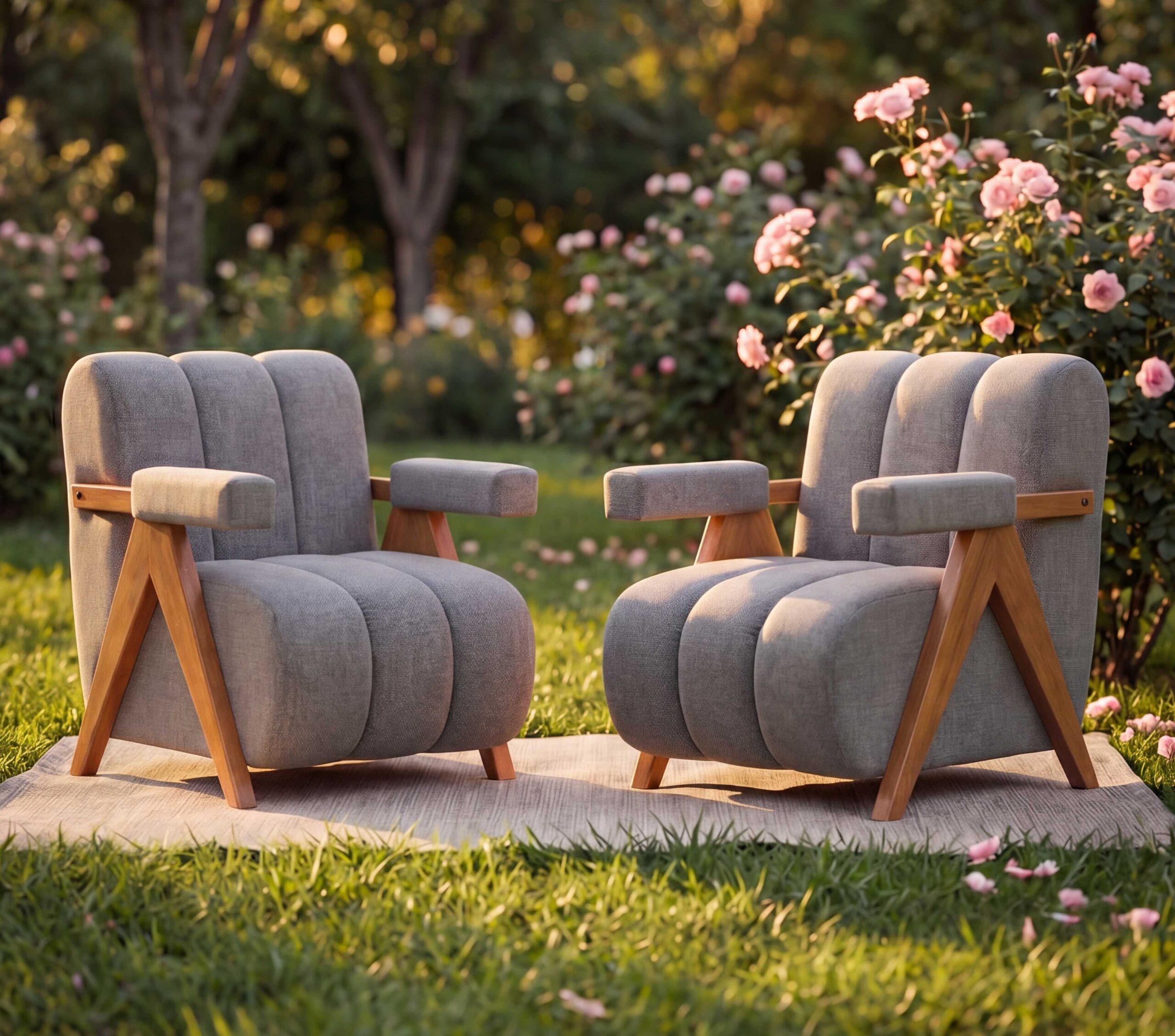 single sofa chair with wooden arms grey fabric outdoor setting