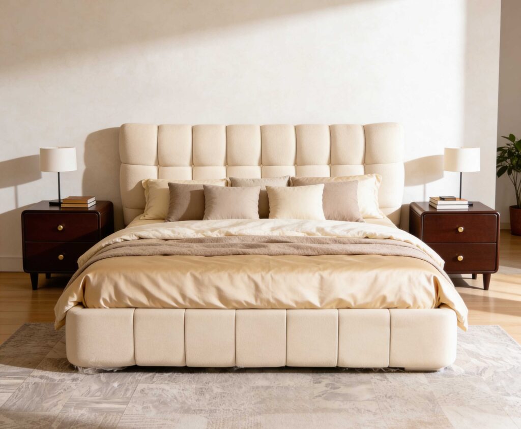 Elvanto beige upholstered double bed with padded grid headboard and low profile modern bedroom setup with side tables