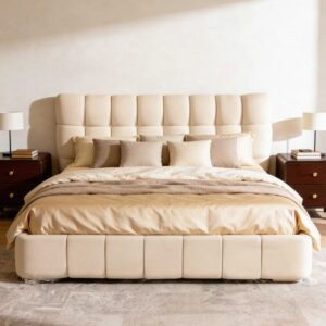 Elvanto beige upholstered double bed with padded grid headboard and low profile modern bedroom setup with side tables