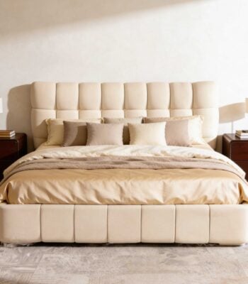 Elvanto beige upholstered double bed with padded grid headboard and low profile modern bedroom setup with side tables
