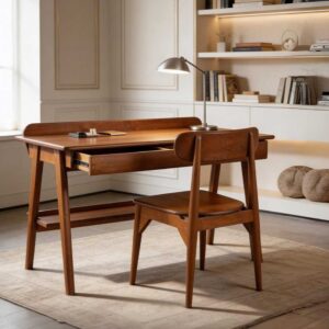 Morano wooden study table with drawer in warm brown finish and modern minimal design with matching chair in home workspace setting