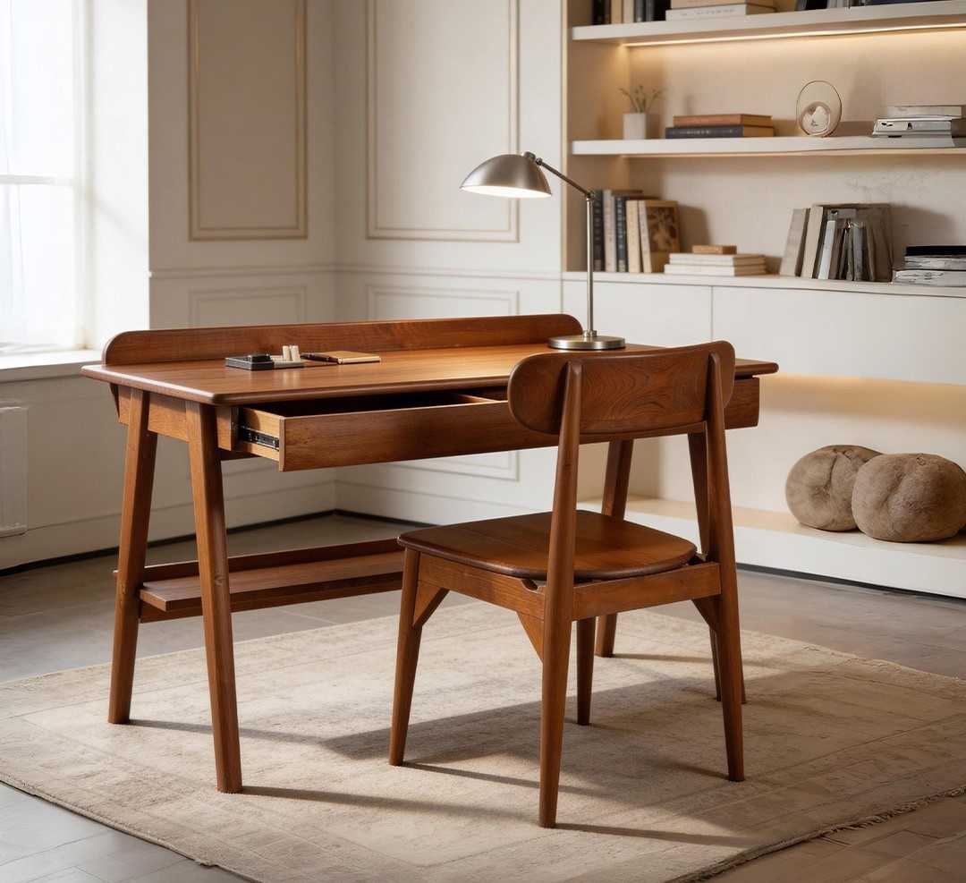 Morano wooden study table with drawer in warm brown finish and modern minimal design with matching chair in home workspace setting