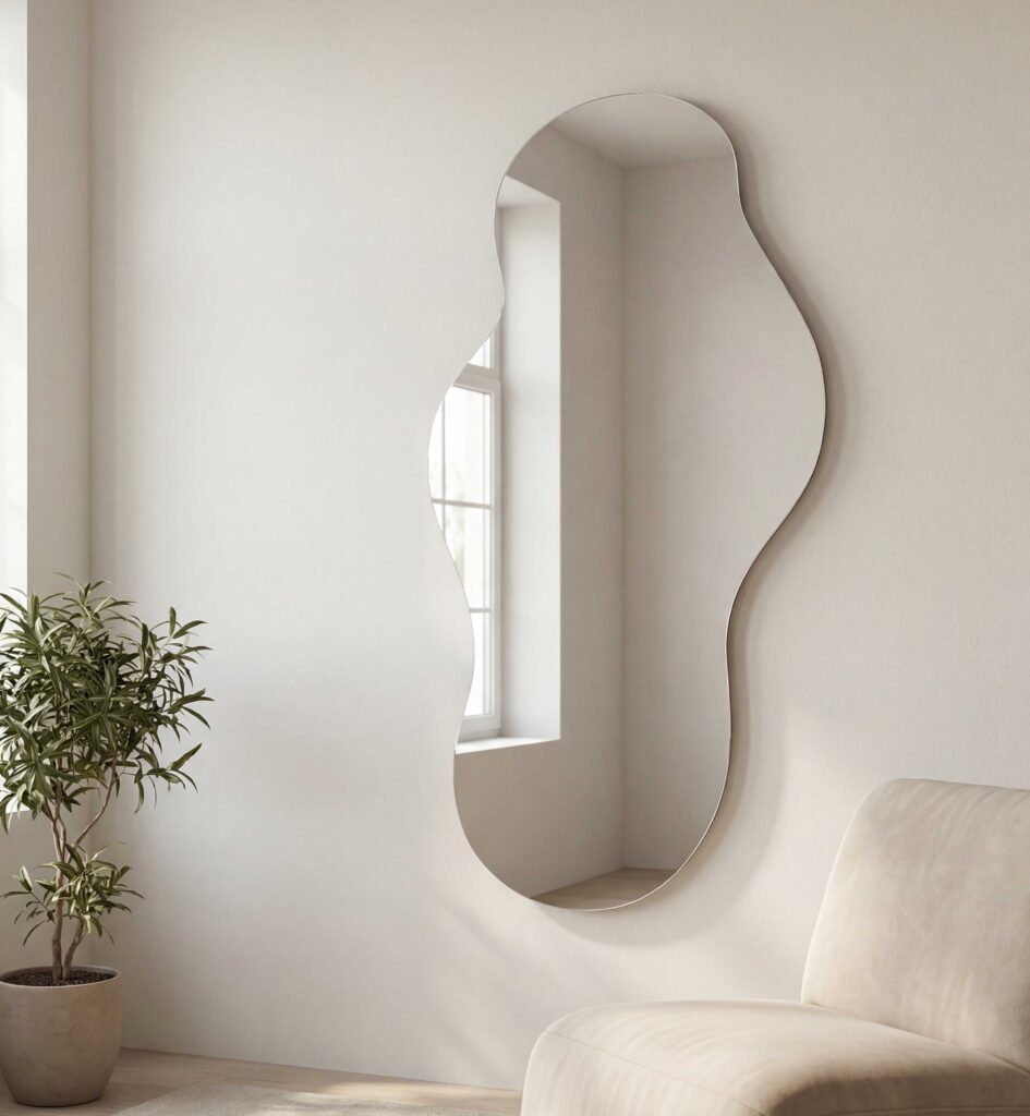 Morano frameless wall mirror with organic curved shape in full length design reflecting natural light in modern neutral interior setting