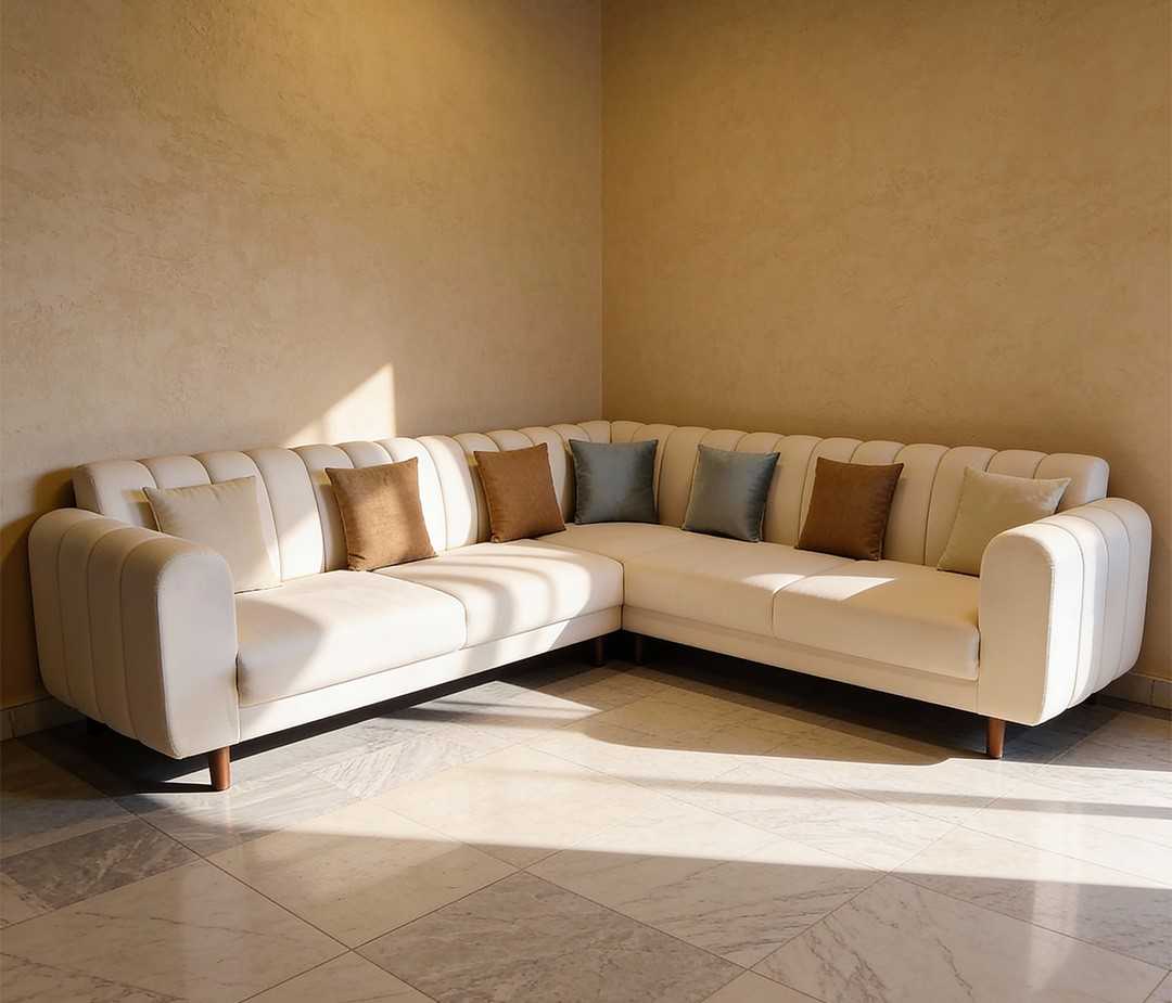 Serene beige L shape sofa with channel tufted back and wooden legs in modern living room setting