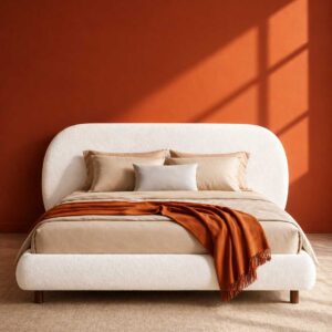 Modern white boucle upholstered bed with a rounded headboard by Renome